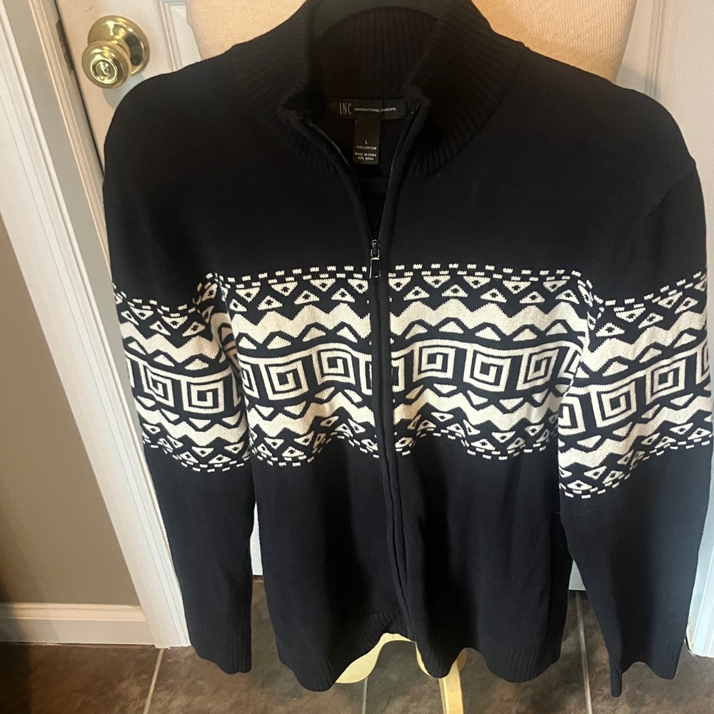INC International Concepts Men's Black and Cream Zip-Up Sweater